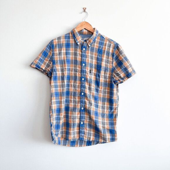 Wesc Mens Shirt Collared Short Sleeve Button Down Orange Blue Medium - Picture 1 of 7
